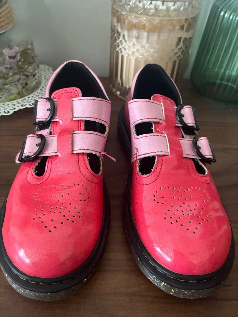Dr. Martens Girls' Pink Double-Strap Heart-Perforated Mary Janes